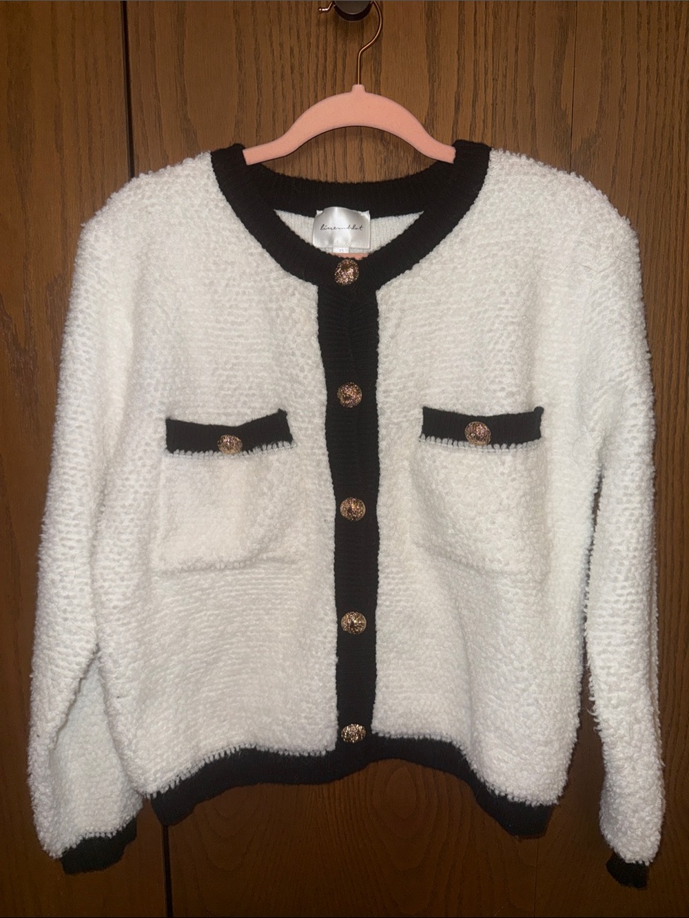 Line & Dot Cream Bouclé Cardigan with Black Trim - XS